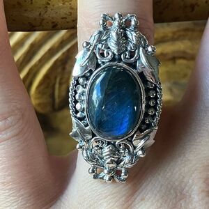 Natural Labradorite Sterling Silver Bee Ring Size 7